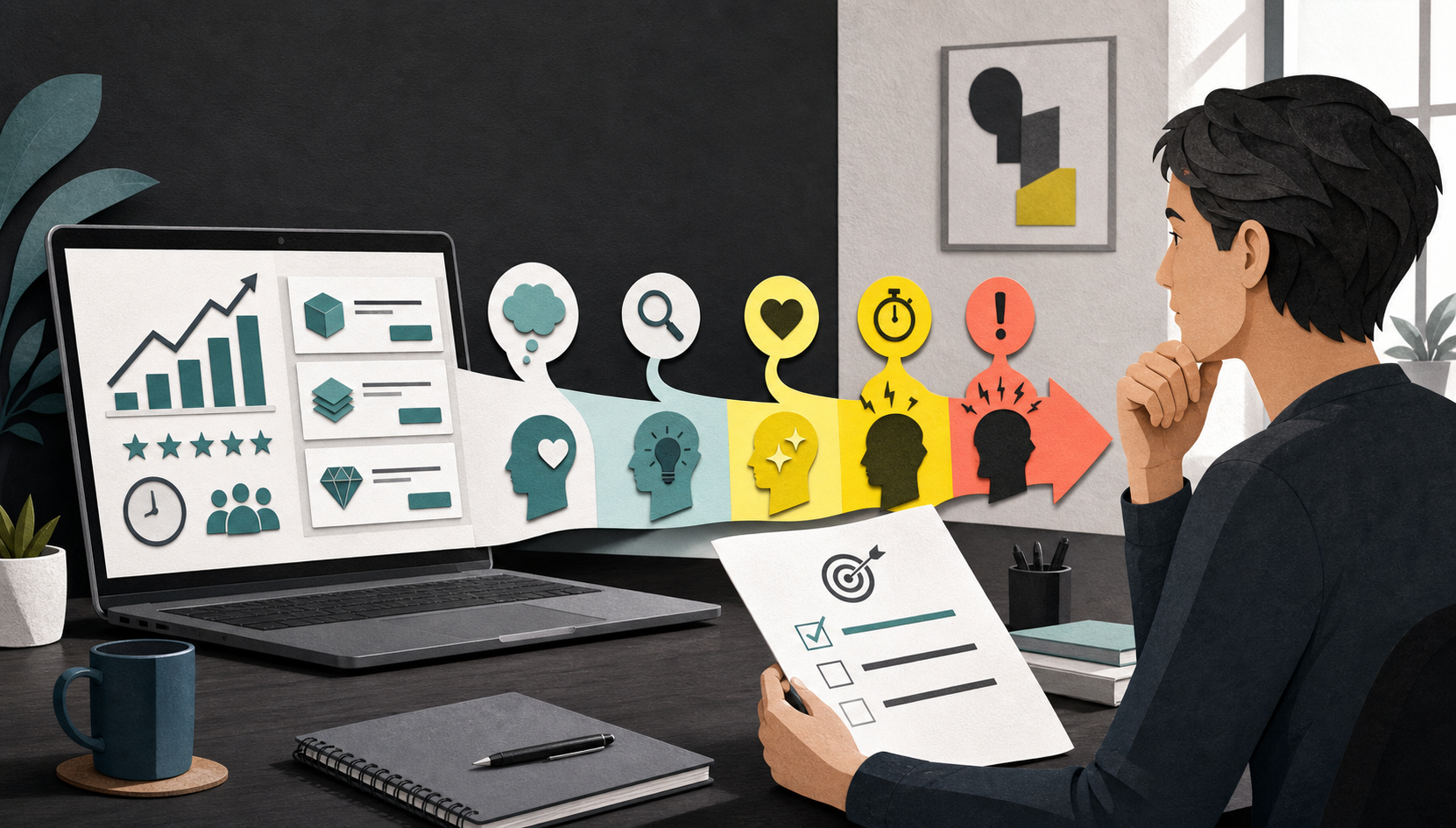 A person pauses to evaluate the psychological stages of an online opportunity pitch