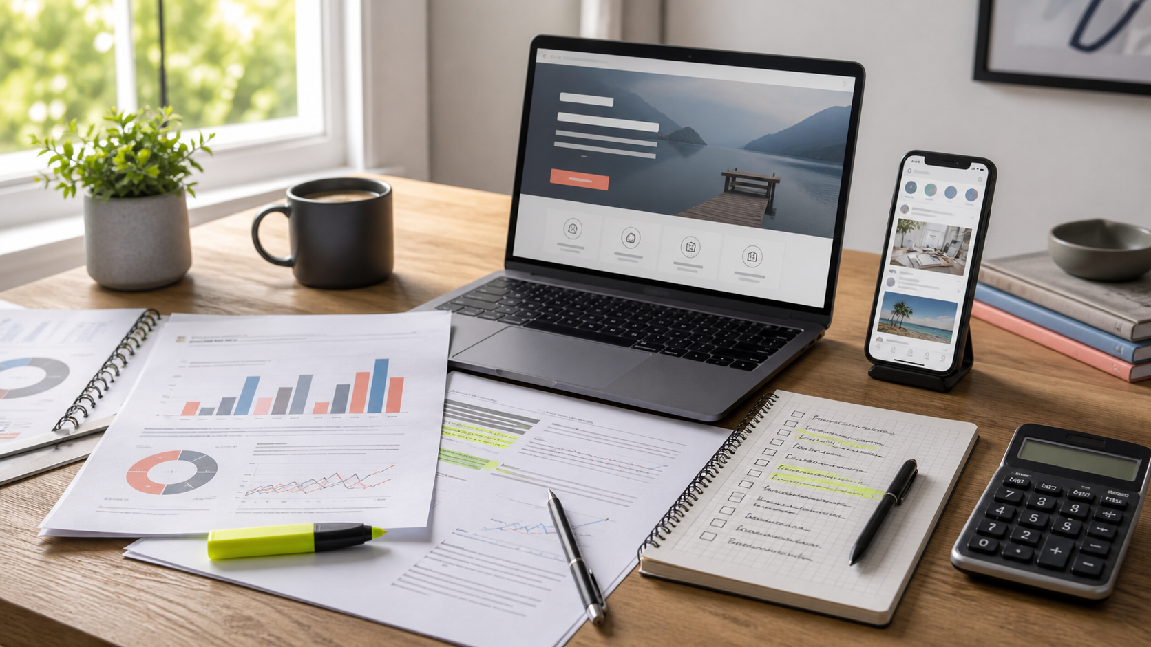 Research papers, charts, a laptop, a social feed, and a decision checklist arranged for an opportunity-pitch evidence review